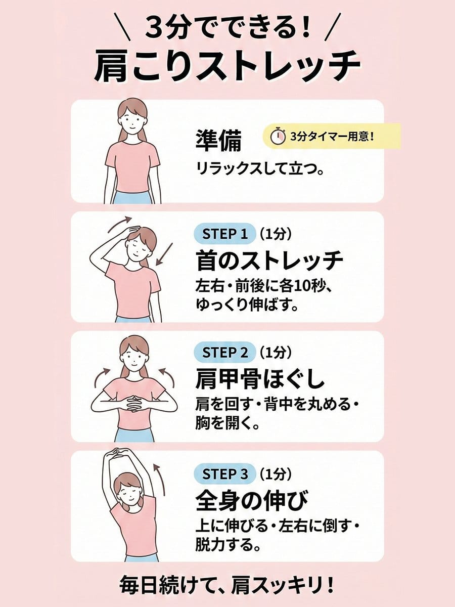 3分钟肩部拉伸：缓解颈肩僵硬信息图