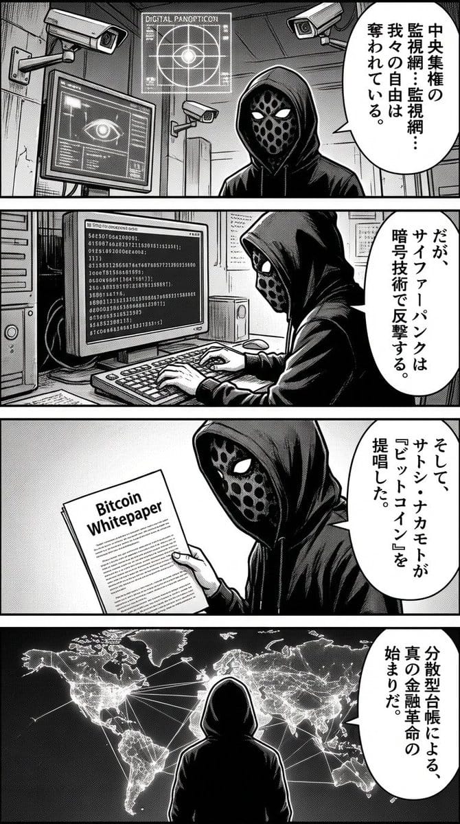 赛博朋克比特币：起源四格漫画解析
