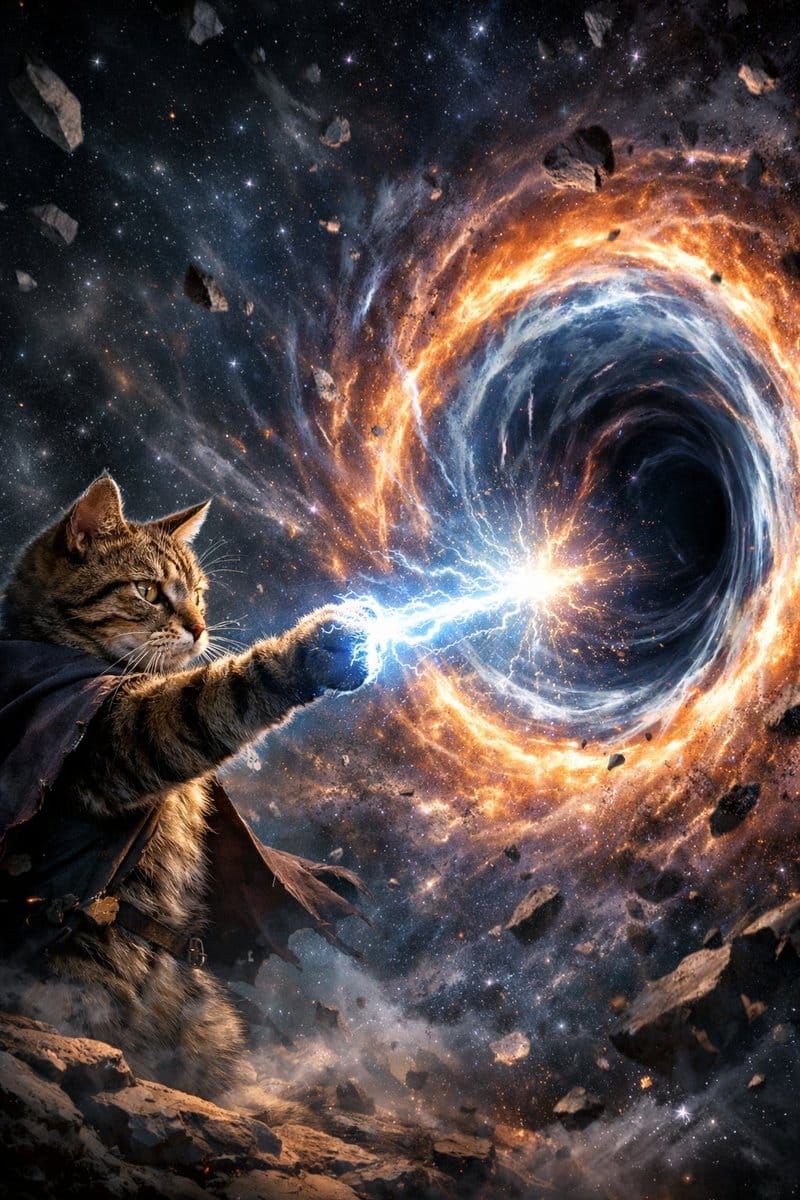 超现实猫咪能量爆发：瞬启虫洞穿越宇宙！