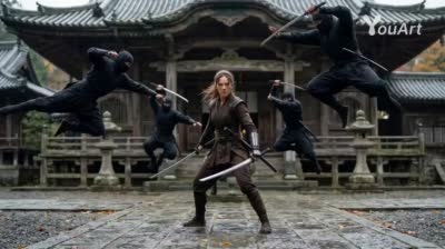 电影级女忍者激战场景:多角度剑术对决