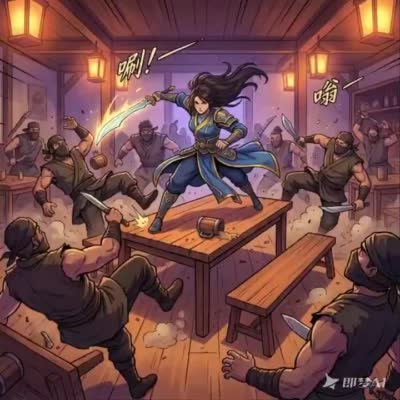电影级武术打斗场景生成器:女侠酒馆激战