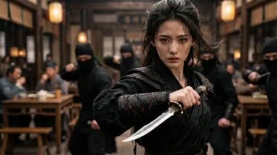 电影级酒馆打斗视频创作:黑衣女子激战刺客