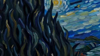 梵高《星月夜》动态油画动画 - 沉浸式后印象派艺术体验