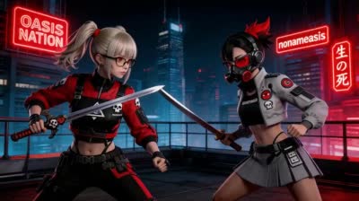 霓虹屋顶激战：双女战士动态剑斗场景