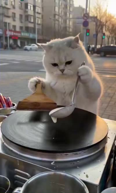萌猫大厨街头现做美味煎饼!