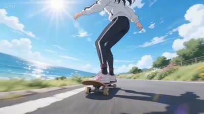 动漫COS女孩四季滑板滑雪一镜到底视频创作