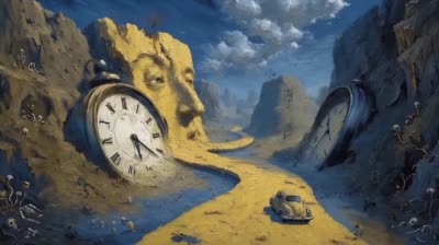 达利超现实:汽车穿越融化时钟峡谷