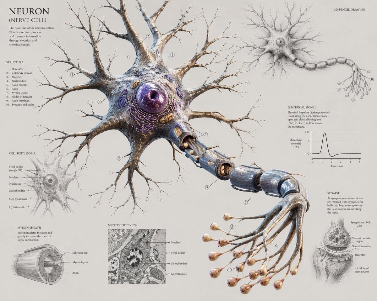 神经元解剖：科学海报级3D生物插画