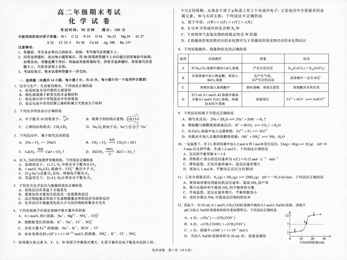 一键生成高中化学模拟试卷
