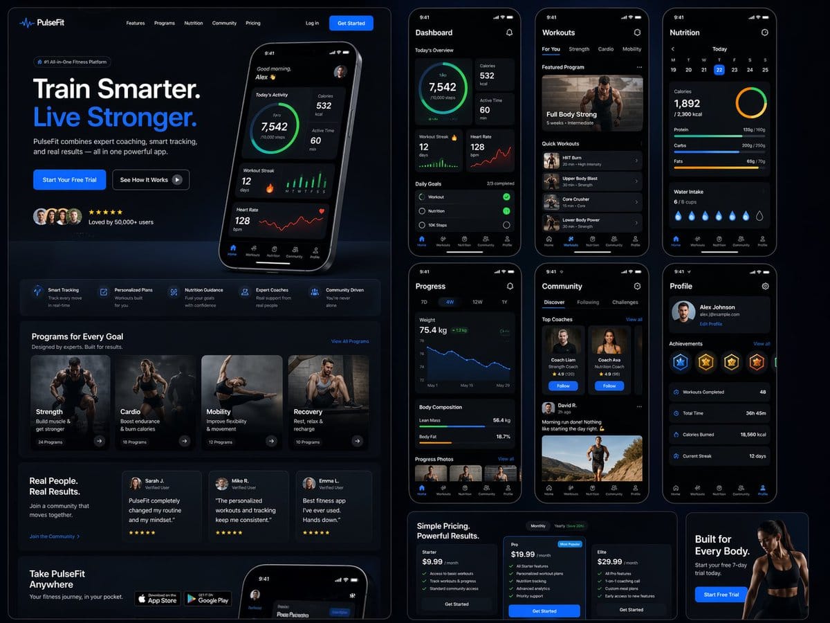 PulseFit 健身SaaS着陆页与仪表盘UI设计