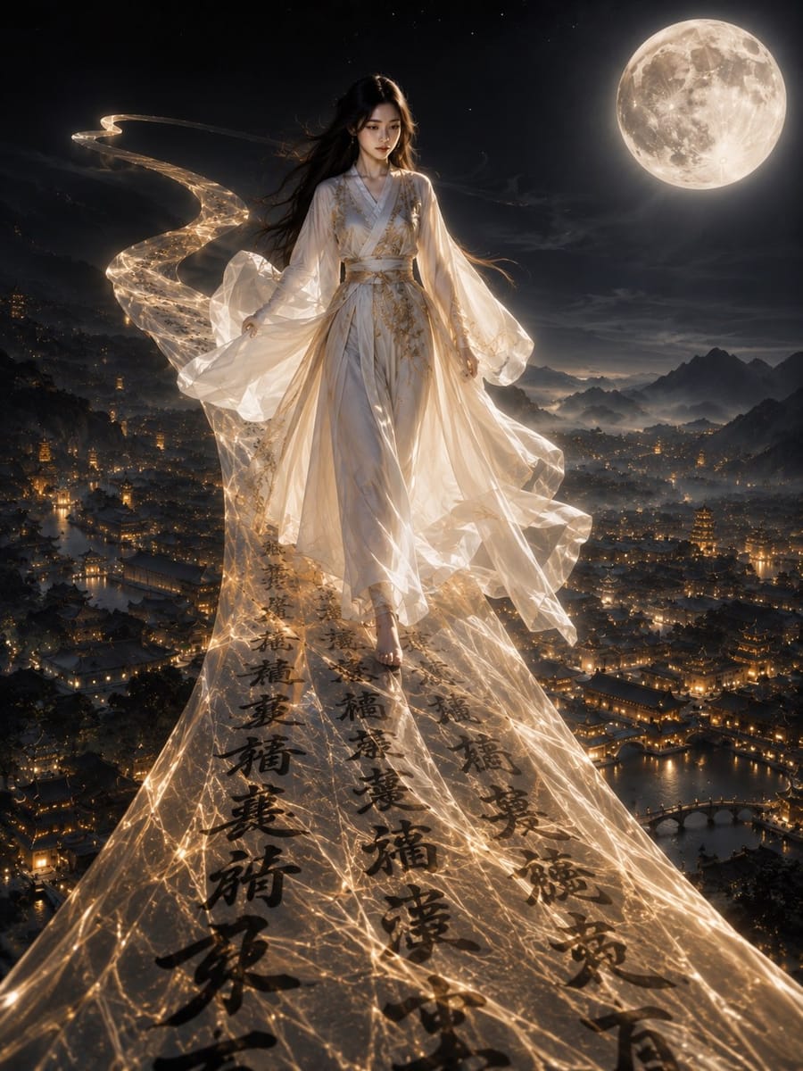 史诗写实古装女神：踏书法丝绸漫步古城夜景