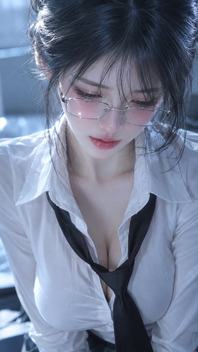 冰蓝冷调清冷禁欲系眼镜少女电影感人像摄影提示词