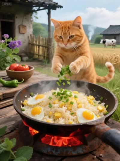 橘猫厨神:乡野热气腾腾的葱花蛋炒饭