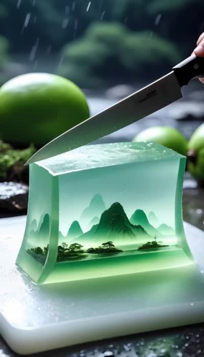 Q弹晶莹:8K水墨山水果冻食材广告图