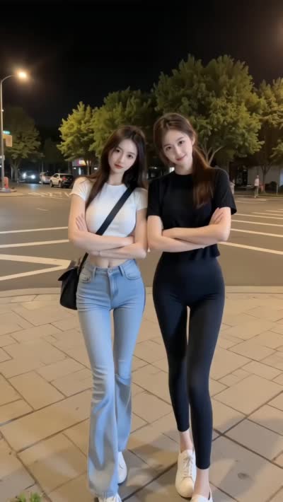 夜晚街头:两位女性的趣味互动