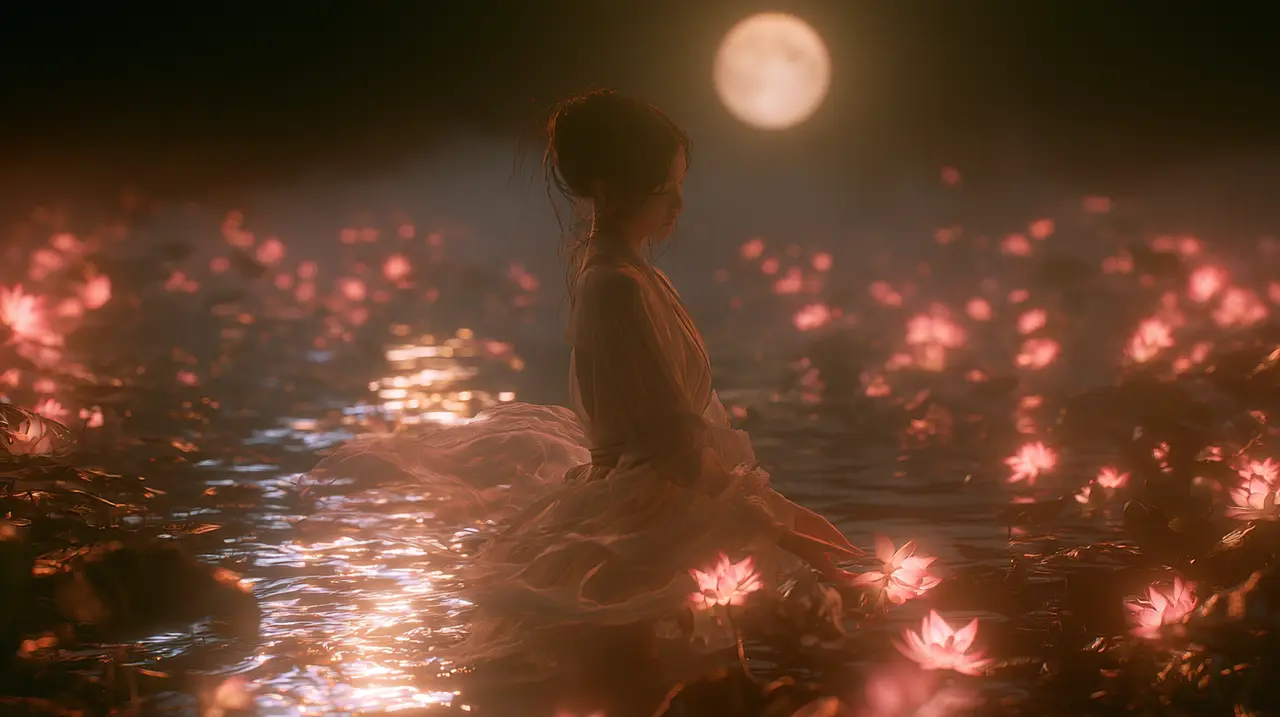 《永乐夜》|白衣女子河边拾荷·深情落寞