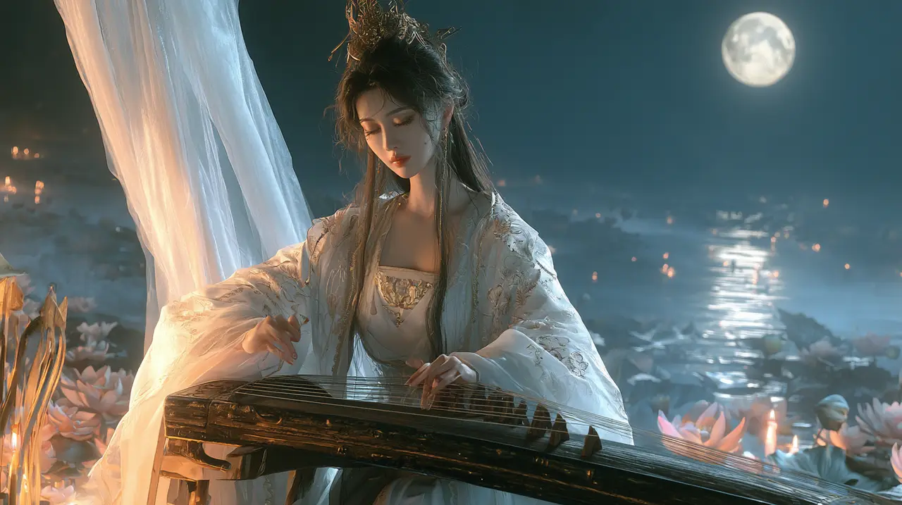 《永乐夜》|玉姬游船弹古筝·暖红荷花月夜色调