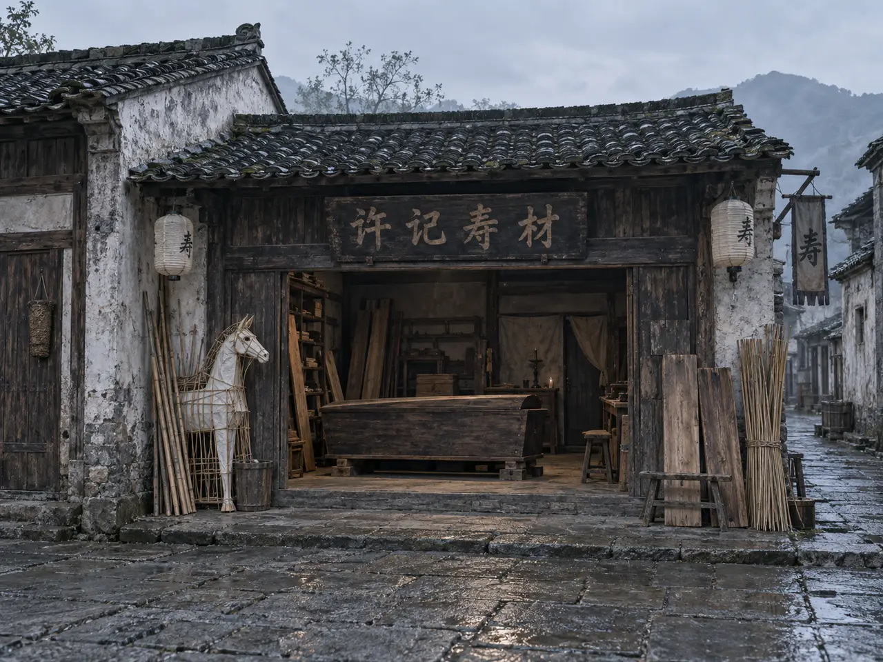 纸人讨账｜图4_许记寿材铺外景