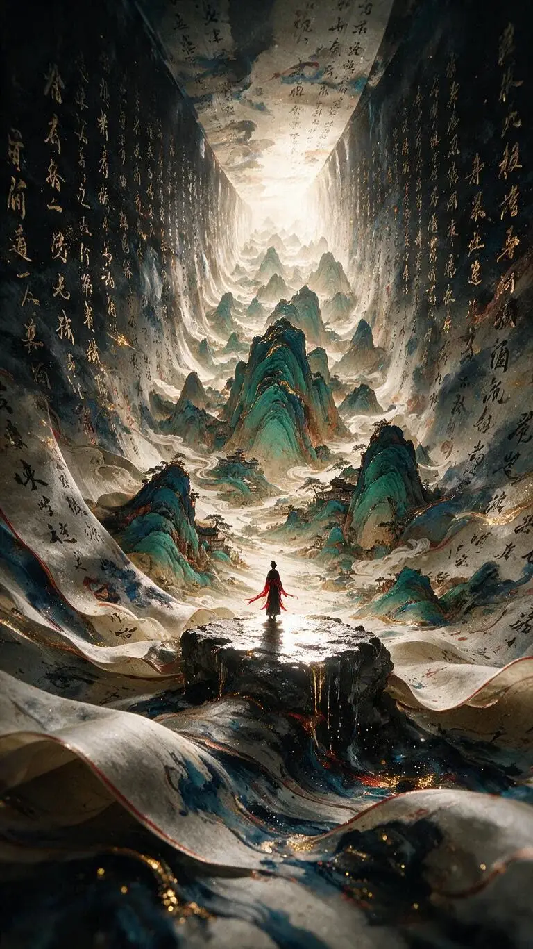 空间自上而下铺满书法与千里江山图宋画长卷轴，延伸感，极小墨色…