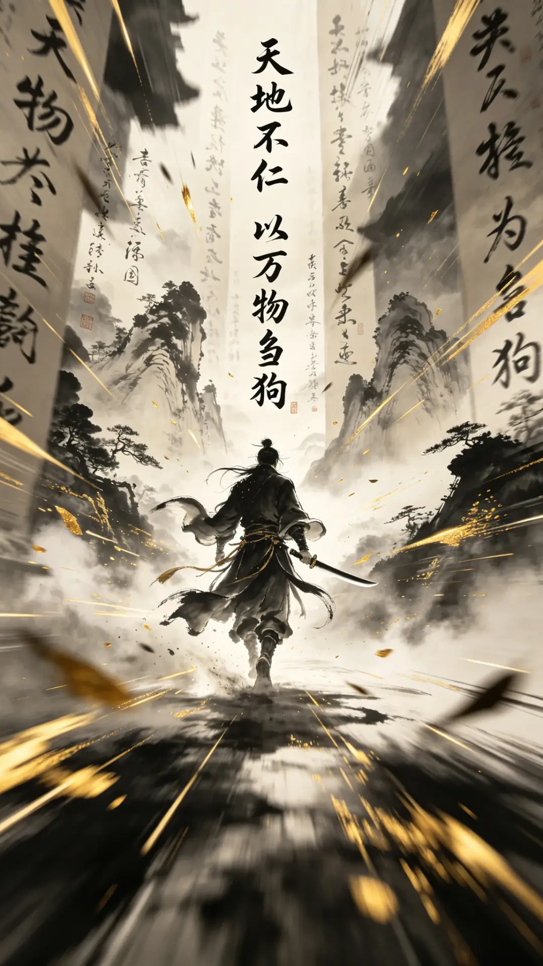 空间布满自上而下的书法(天地不仁 以万物为刍狗)和山水国画,…