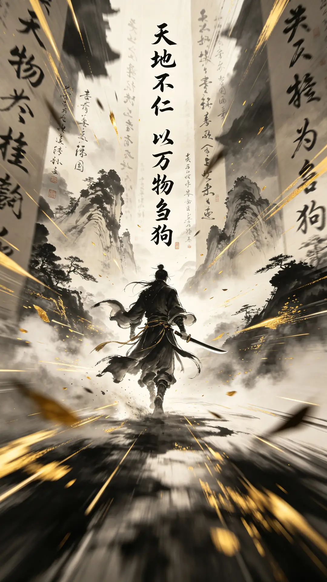 空间布满自上而下的书法(天地不仁 以万物为刍狗)和山水国画,…