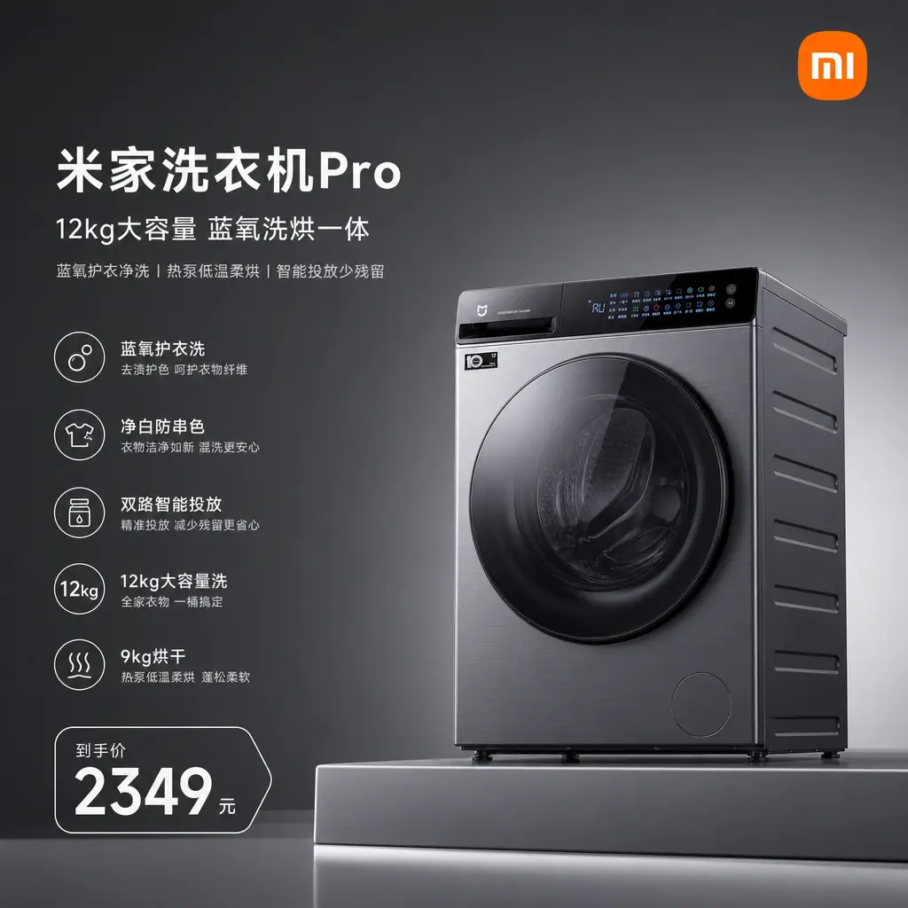 《米家·智能洗衣机》纯黑工业美学TVC广告|附主图详情AI方案|电商视频|通用主图-2