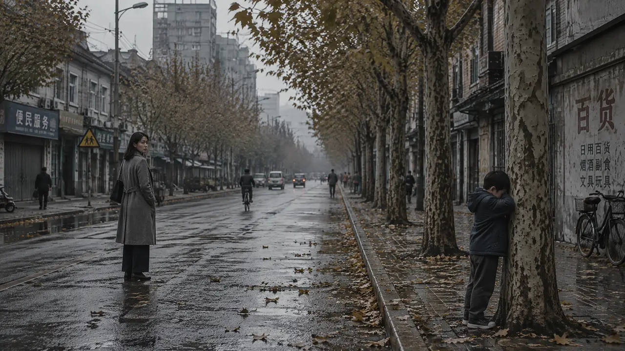 妈妈再爱我一次｜镜6首帧 — 远景男孩抱树