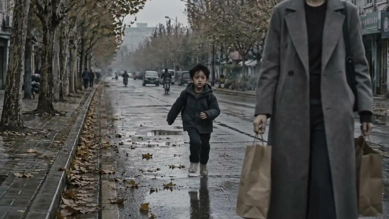 妈妈再爱我一次｜镜2 — 中远景男孩奔跑抱住