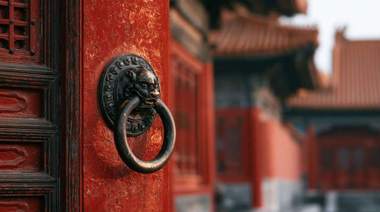 大明风华丨中式建筑美学风格｜朱墙古松·门环转角特写