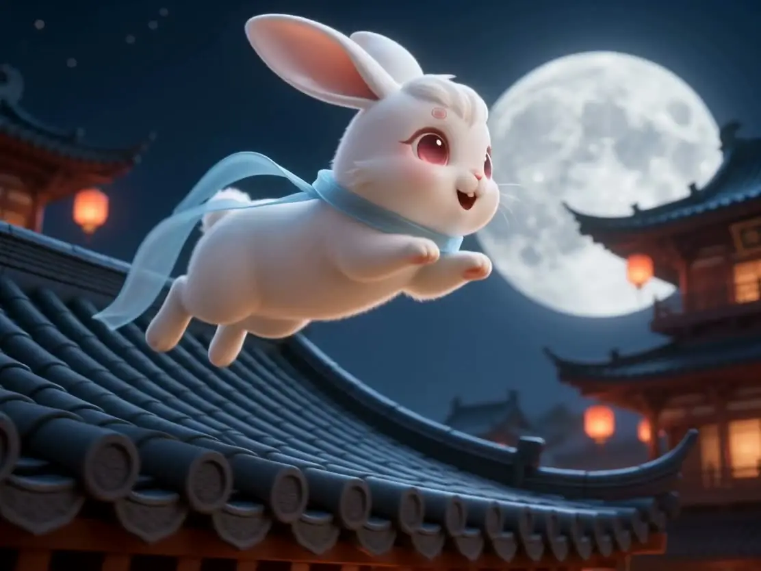 花好月圆，福满中秋，愿您团圆美满！｜S01-玉兔屋顶奔跑跳跃