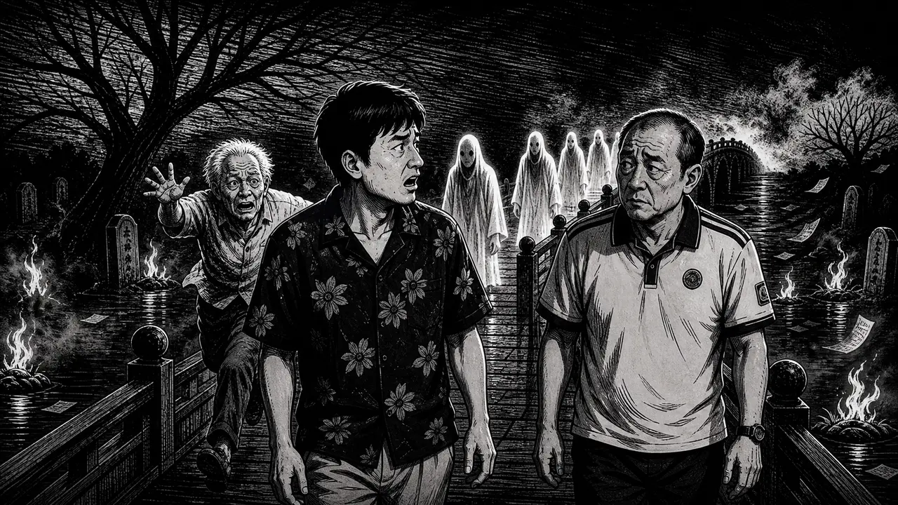 九五二七｜奈何桥·白发老人入画催促｜黑白木刻版画风