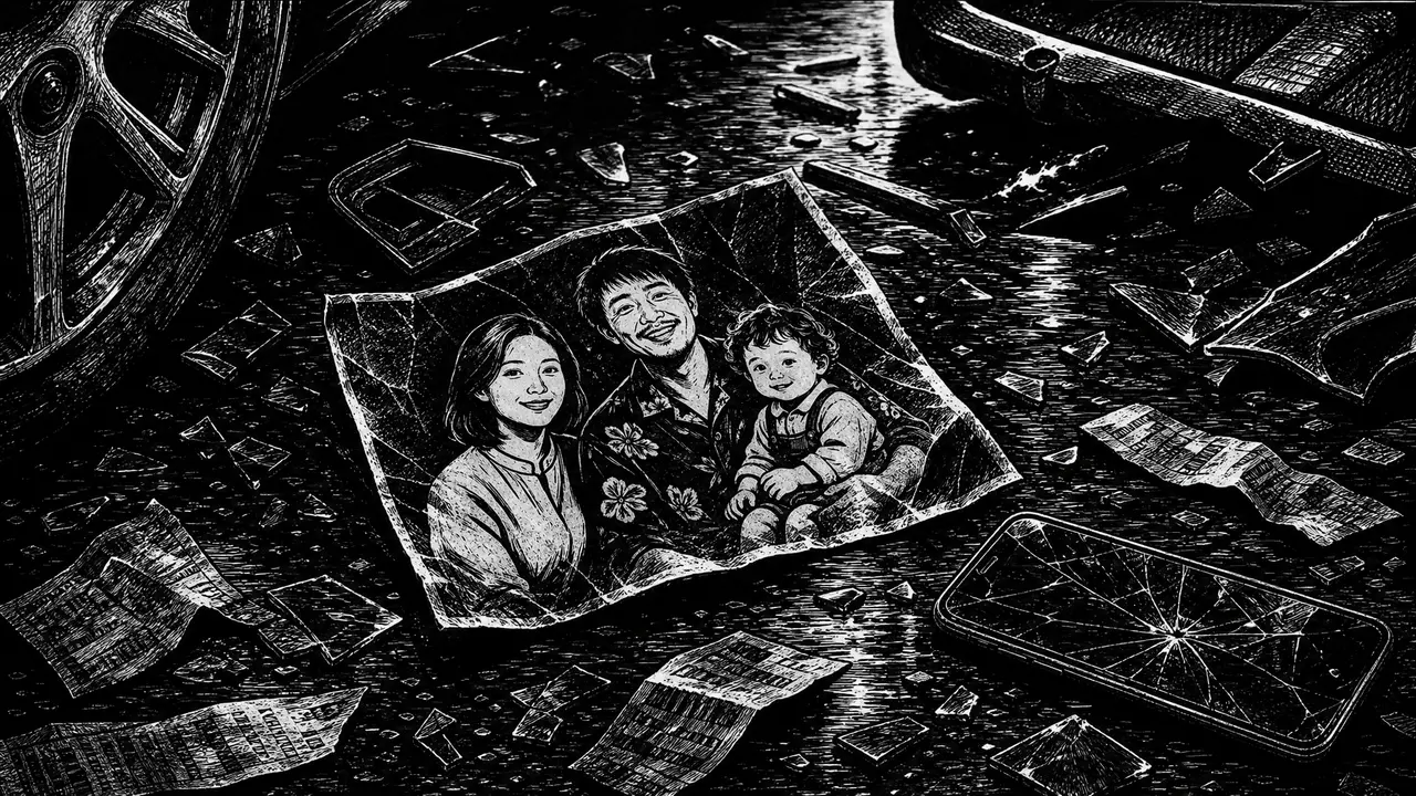 九五二七｜特写·全家福散落车内地面｜黑白木刻版画风
