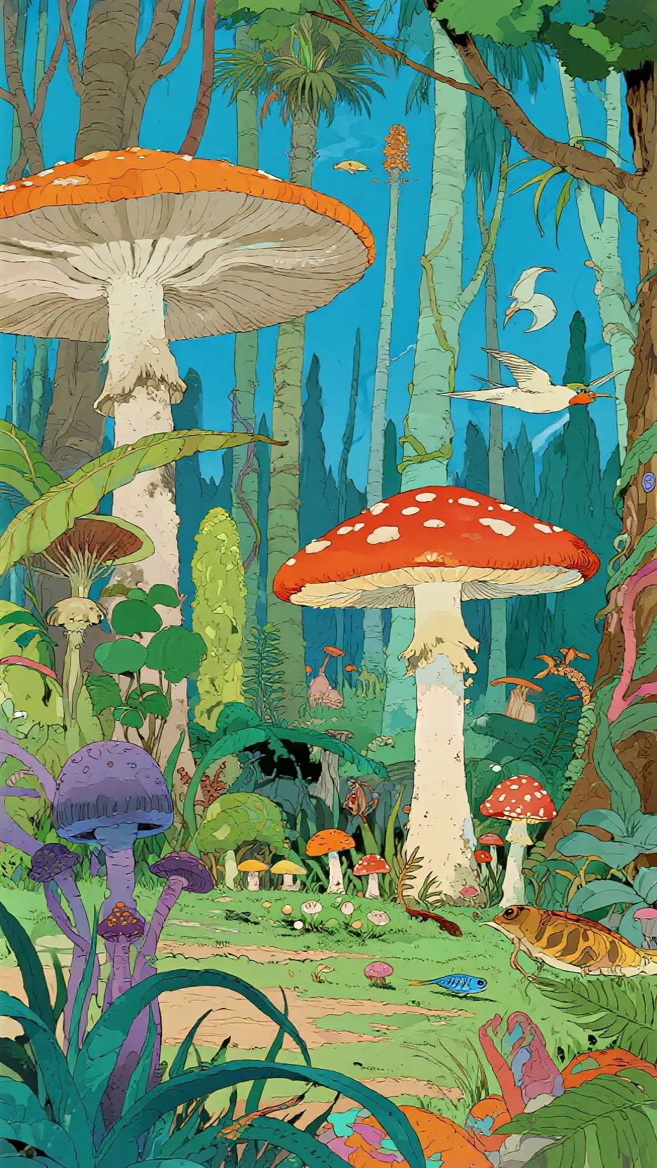 Moebius风格画作。自愈系,大自然颜色为主,鲜艳夺目。板…