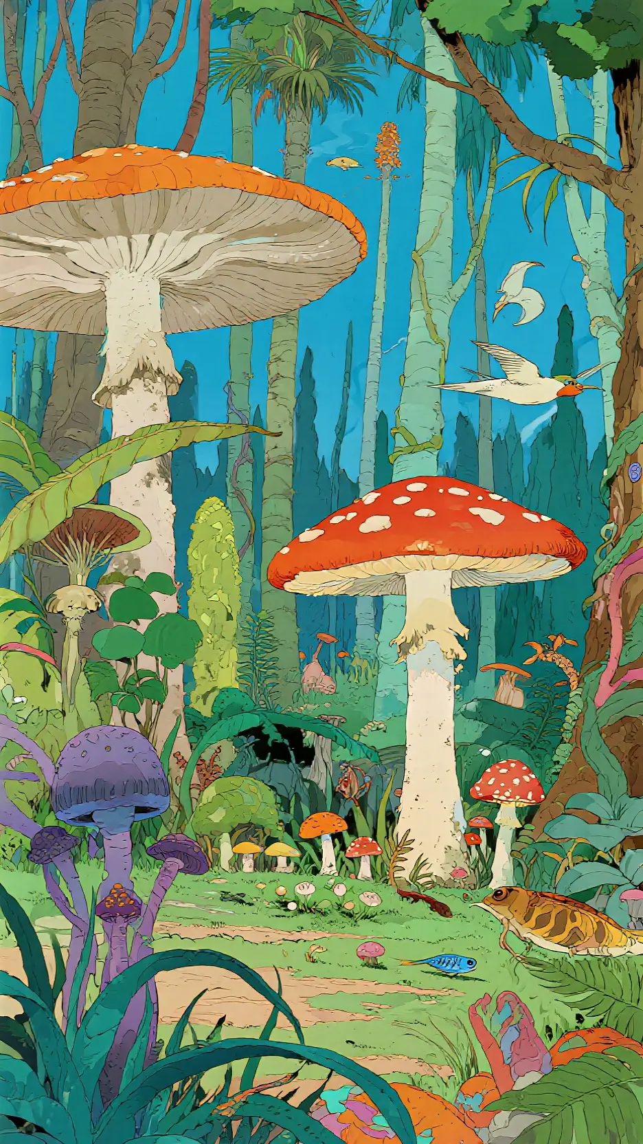 Moebius风格画作。自愈系,大自然颜色为主,鲜艳夺目。板…