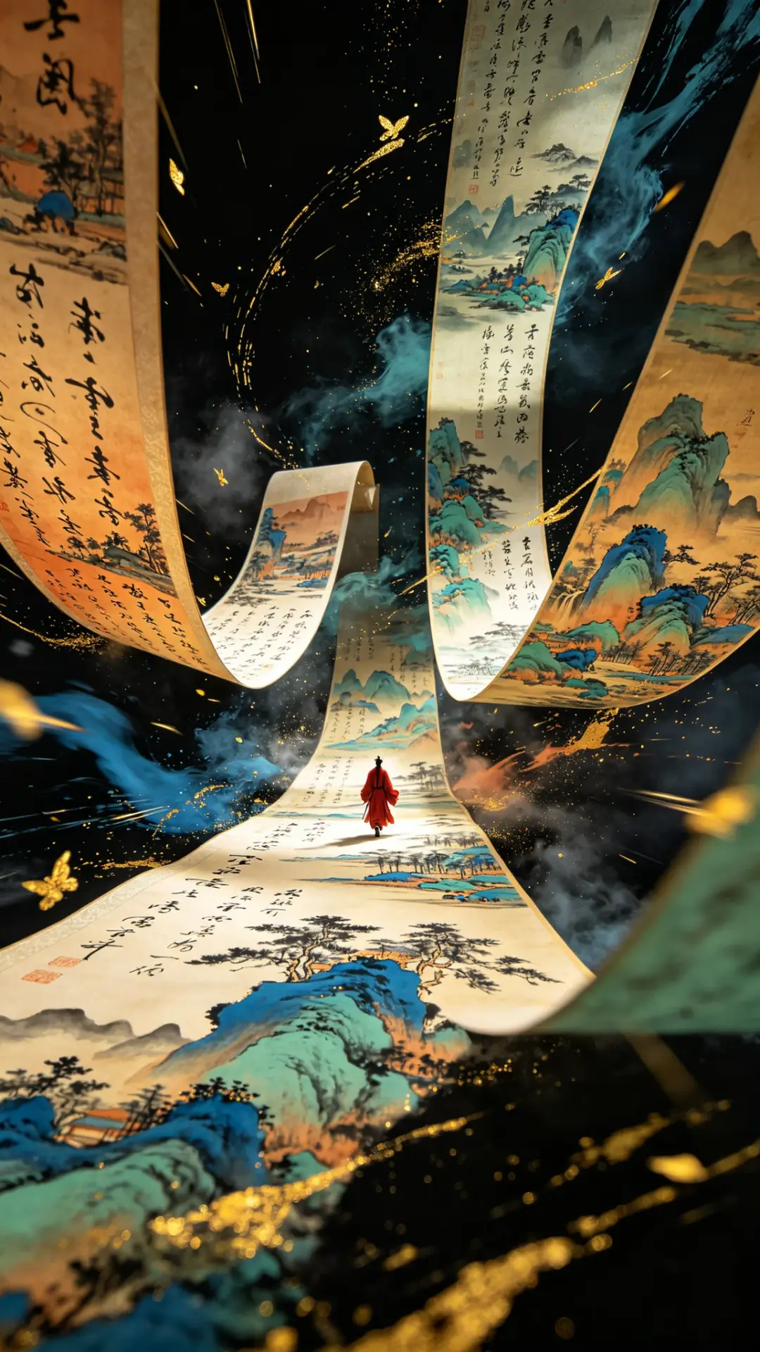 空间自上而下铺满书法与万里江山图宋画长卷轴,延伸感,极小墨色…