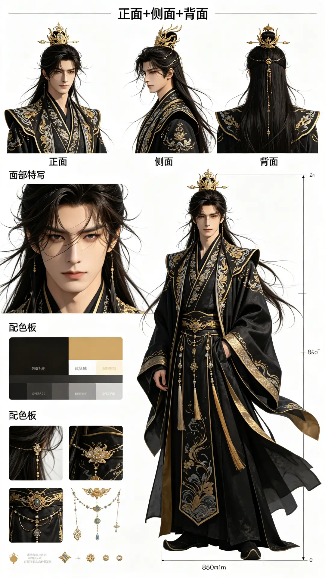 人物形象提示词：（三视图） 1.主视觉区 (上方)以 "正面…