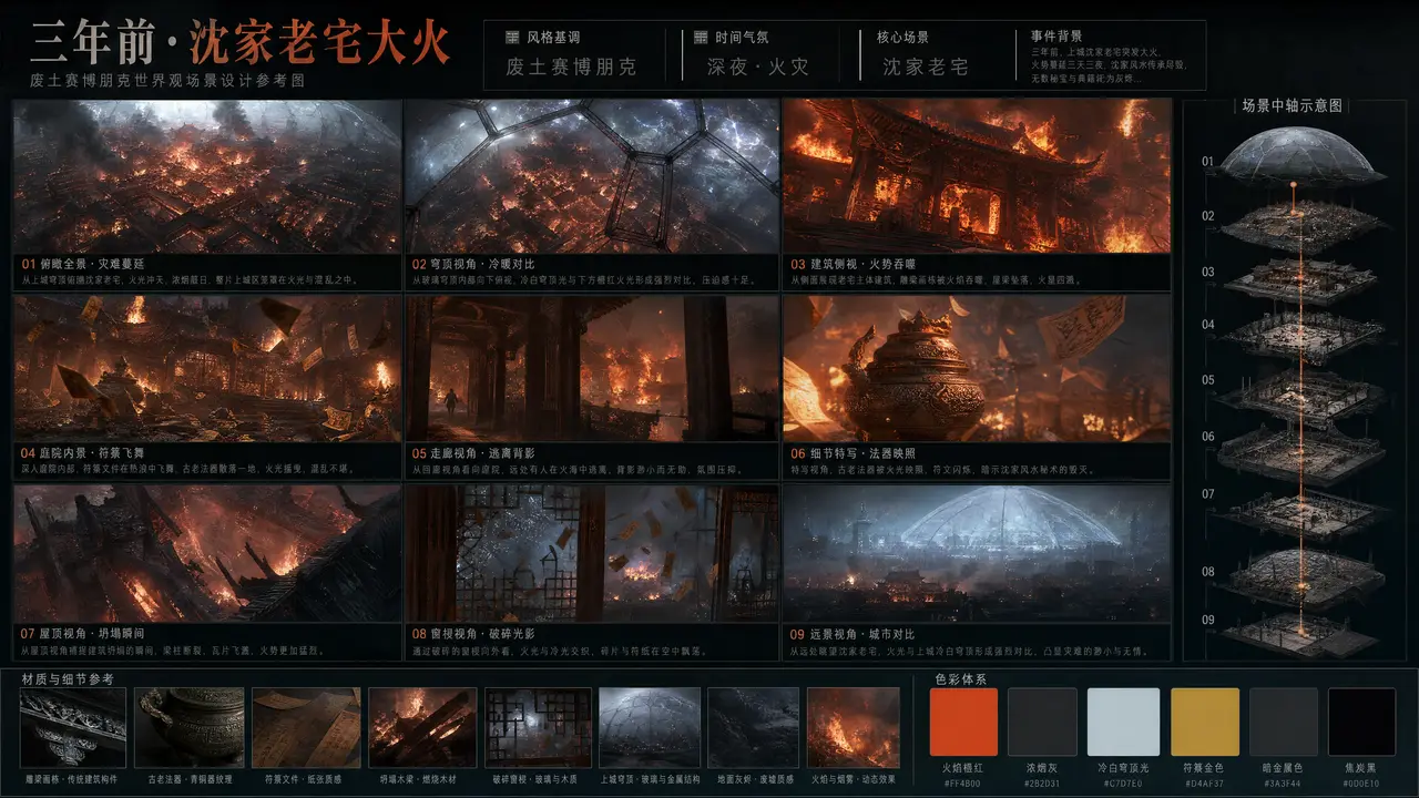 念卦成灾-第二集|沈家老宅大火场景设计图