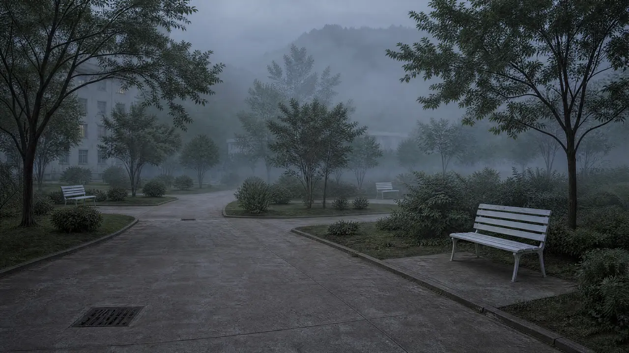 雾山Ⅱ 第二集|医院外景04|院区病人活动区——水泥散步道与白色长椅空镜