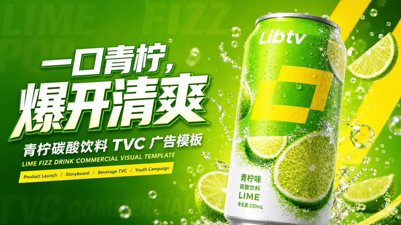 一口青柠,爆开清爽丨青柠碳酸饮料TVC广告模板