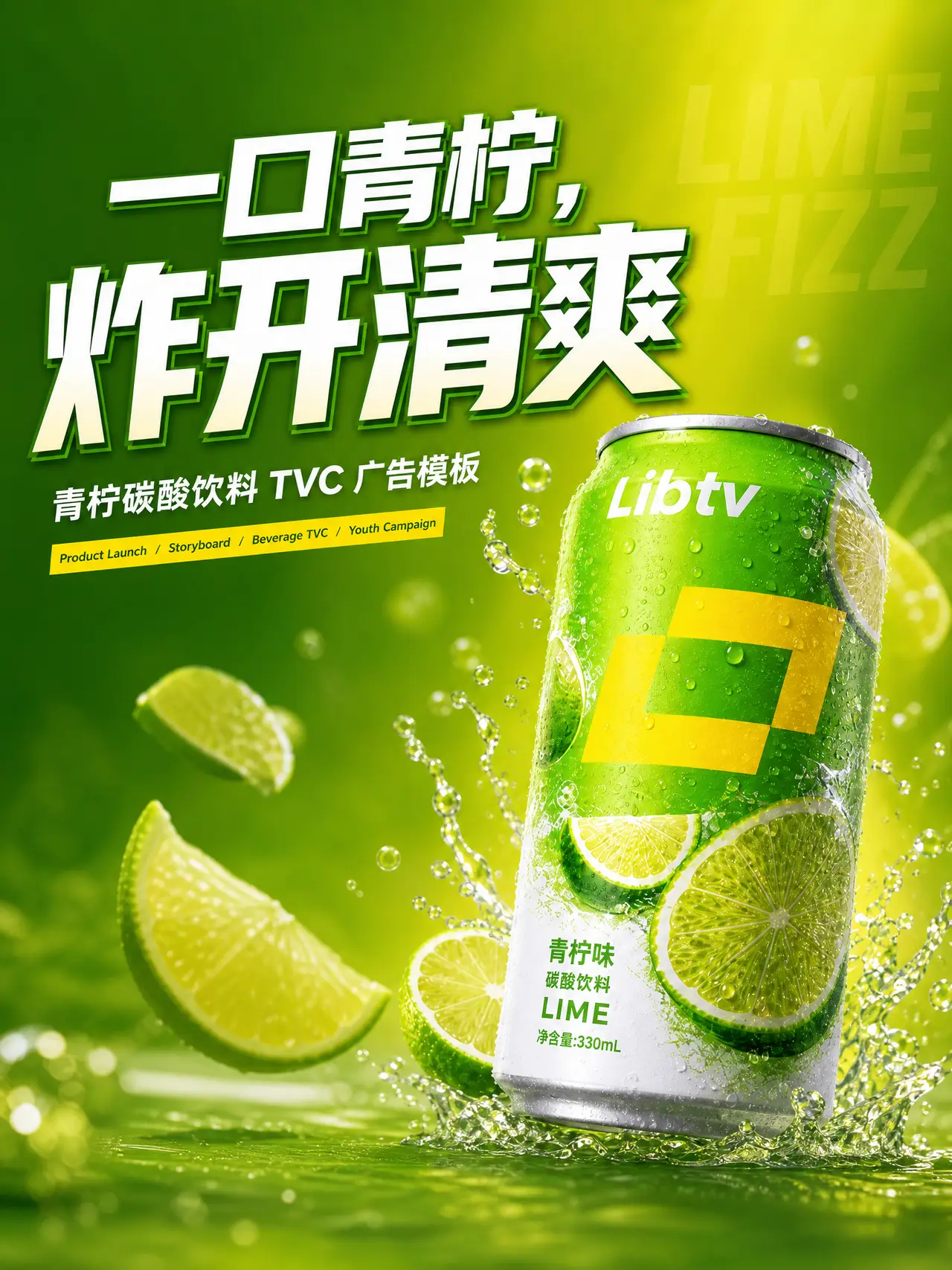一口青柠,爆开清爽丨青柠碳酸饮料TVC广告模板|3:4