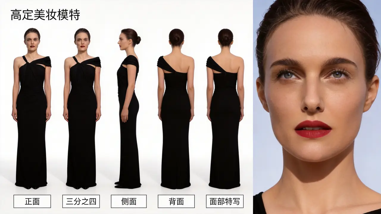 迪奥烈艳蓝金|AIGC短片|高定美妆模特人物资产三视图