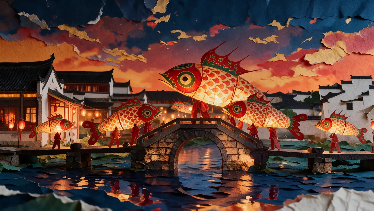 光耀徽州|融合风格帧03-鱼灯游街霞光夜景