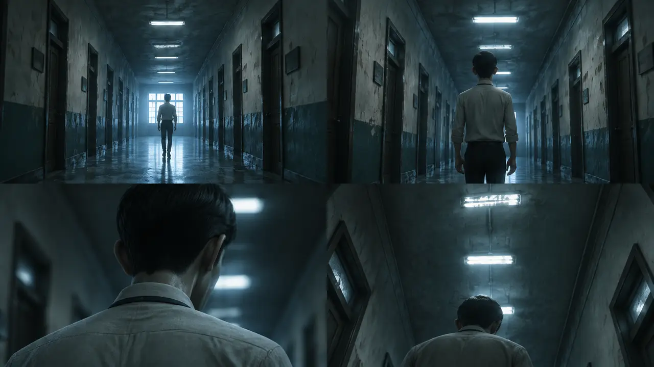 隐秘的交易清单｜四宫格 [S13-1] 走廊冷白・长廊与背影（1:54–2:02）