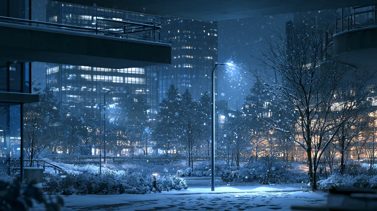 臆想之下|新海诚画风-冬夜俯视校园雪地现代路灯