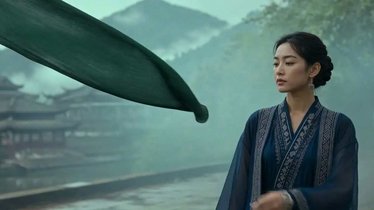 《雾起东方》｜霸王茶姬，视觉与人物真实性尝试｜镜头27_指尖触碰绿绸