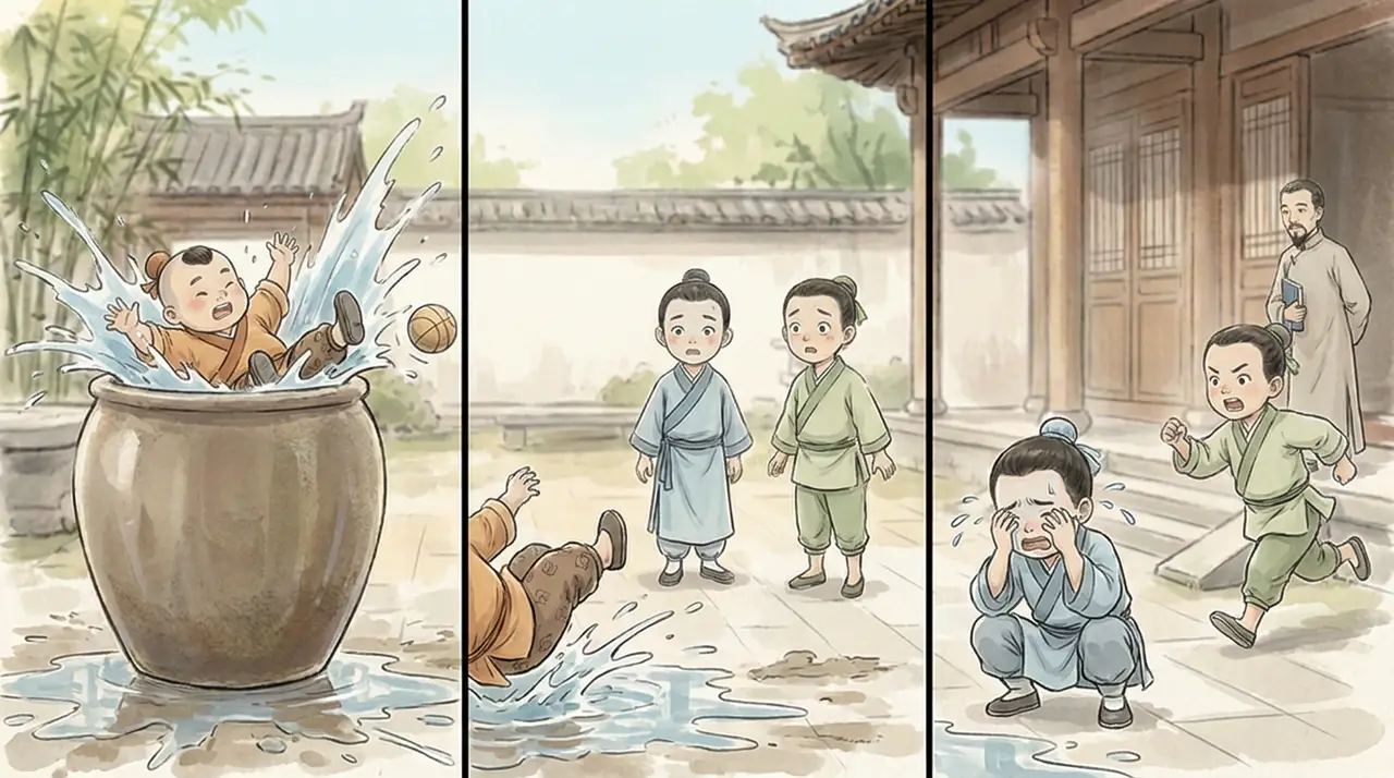 司马光砸缸-教育漫画|EP001-S002-U001 分镜图|阿宝落水与同伴恐慌