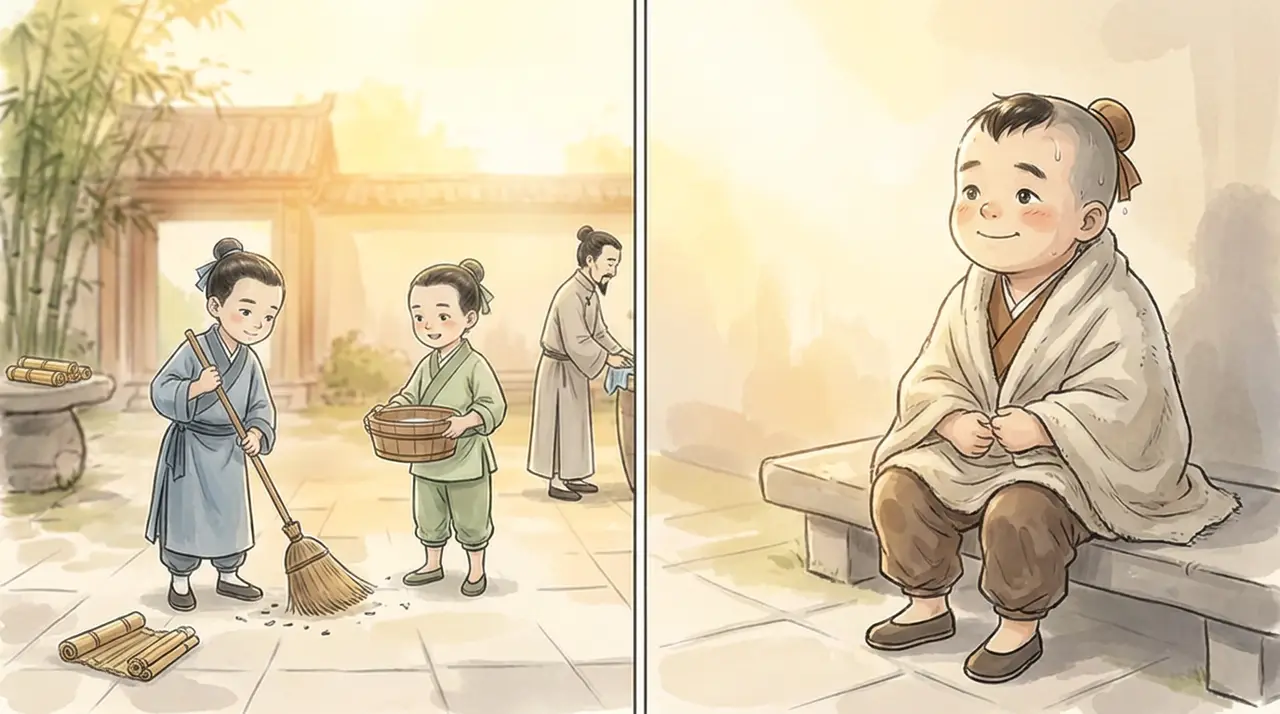 司马光砸缸-教育漫画|EP001-S005-U005 分镜图|打扫庭院与阿宝裹布