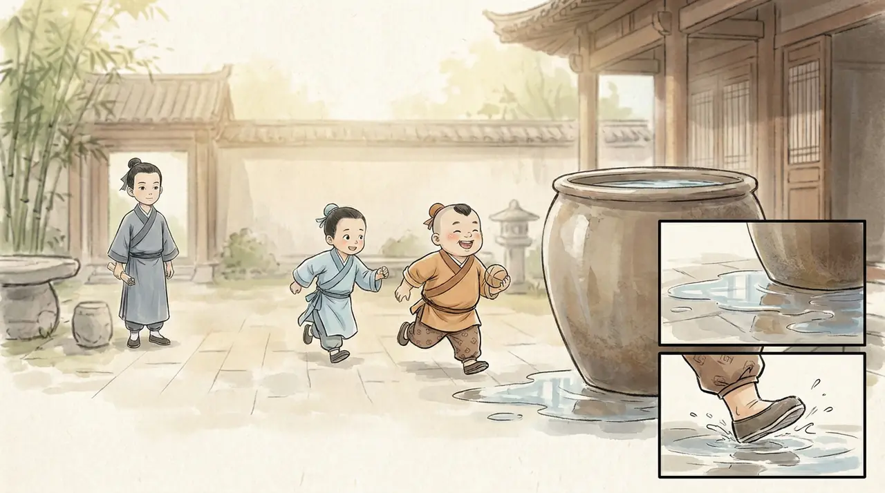司马光砸缸-教育漫画|EP001-S001-U001 分镜图|庭院建立与隐患特写