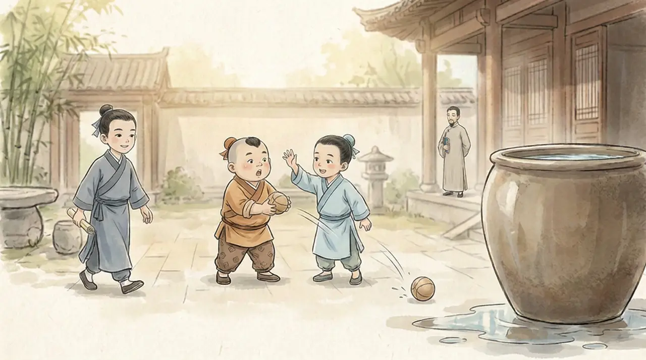 司马光砸缸-教育漫画|EP001-S001-U003 分镜图|游戏继续与球滚向隐患