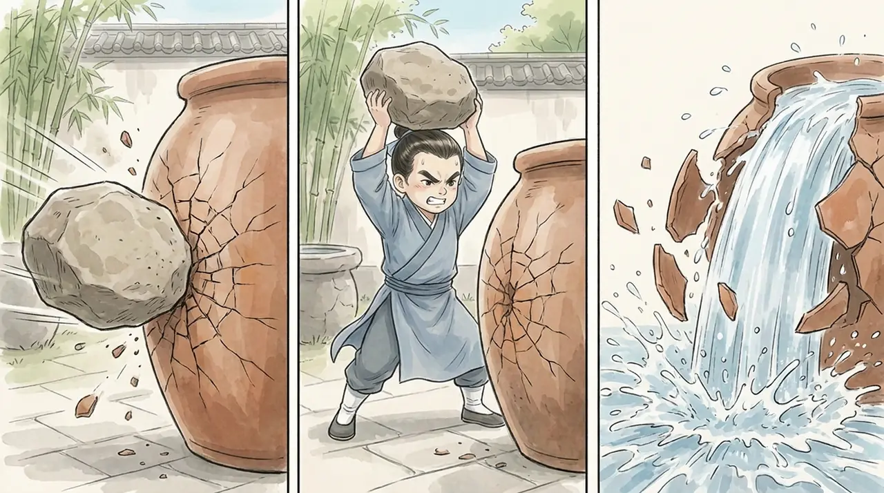司马光砸缸-教育漫画|EP001-S004-U001 分镜图|砸击与水缸破裂